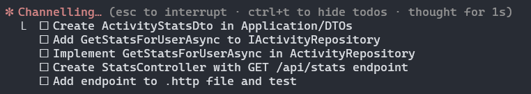 AI tool 'Channelling' outlines a plan to add a stats endpoint, listing tasks for the DTO, repository, and controller.