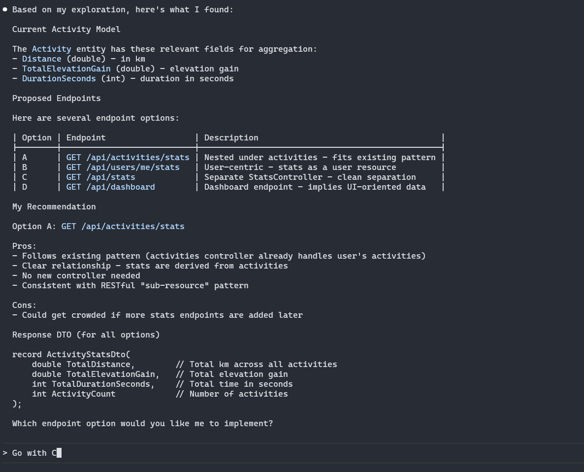 AI assistant's proposal for a REST API endpoint, showing four options, a recommendation, a DTO, and the user's choice.