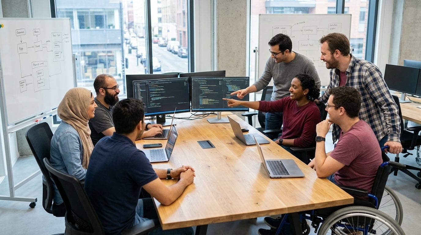 A diverse team of software developers collaborates around a monitor with code. One team member uses a wheelchair.