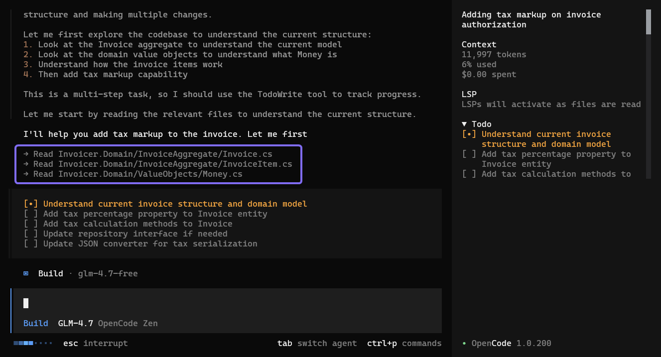 AI coding assistant UI planning to add tax markup to an invoice. It lists C# files to read and shows a to-do list.