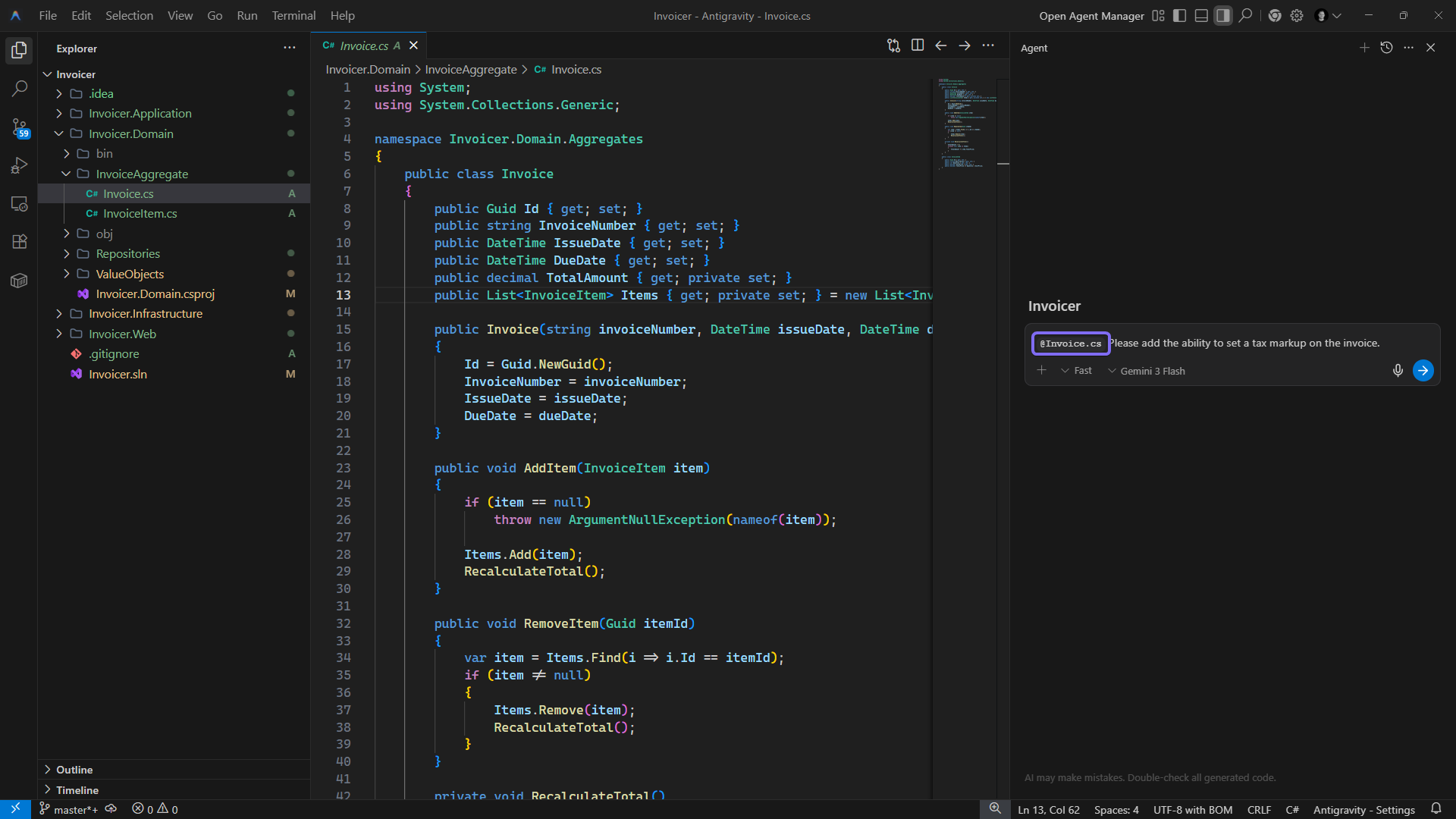 A user in a code editor asks an AI assistant to add a tax feature to a C# Invoice class.