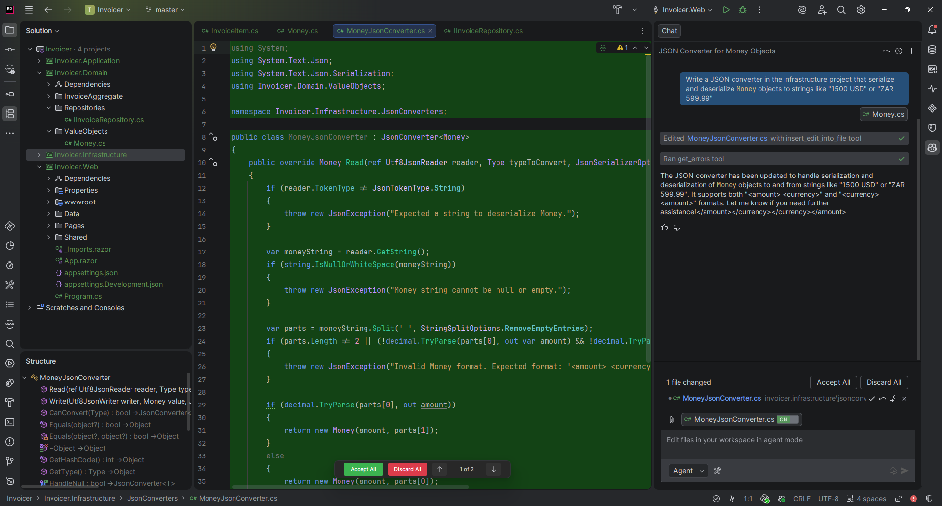 An AI assistant in an IDE generating C# code for a JsonConverter that deserializes a string into a Money object.