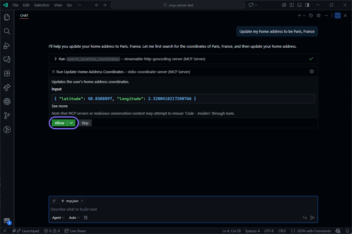 AI chat in a code editor asking for permission to run a command that updates a user's home address with new coordinates.