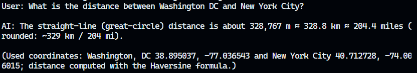 Terminal showing an AI's answer to the distance between DC and NYC: ~204 miles, calculated with the Haversine formula.
