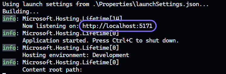 Console output for a .NET application starting up. The listening URL, http://localhost:5171, is highlighted.