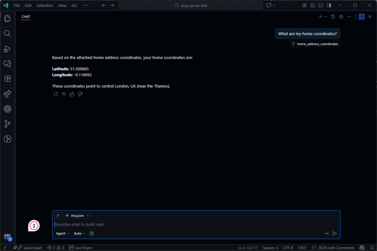 An AI chat in a code editor answers "What are my home coordinates?" with latitude and longitude for central London.