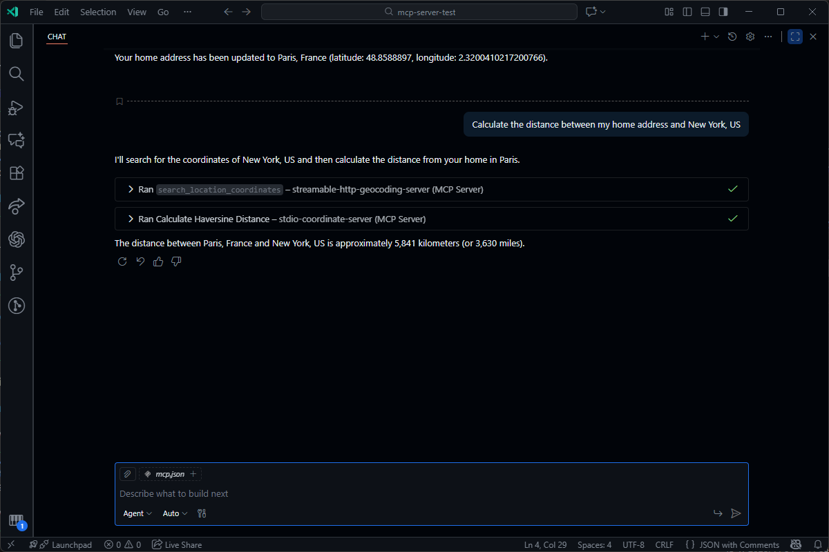 An AI agent in a chat UI calculates the distance between Paris and New York, showing the commands it ran to find the answer.