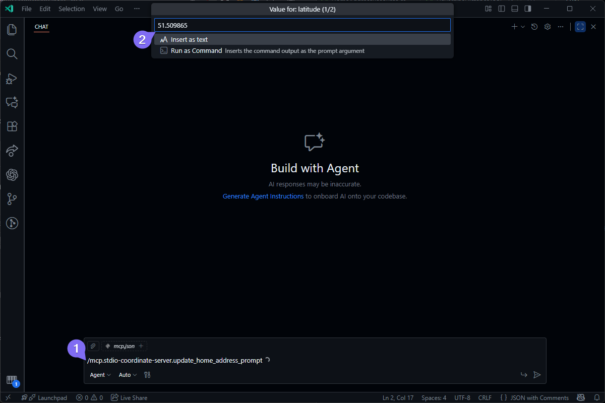 An AI agent in a code editor returns a latitude value and prompts the user to either 'Insert as text' or 'Run as Command'.