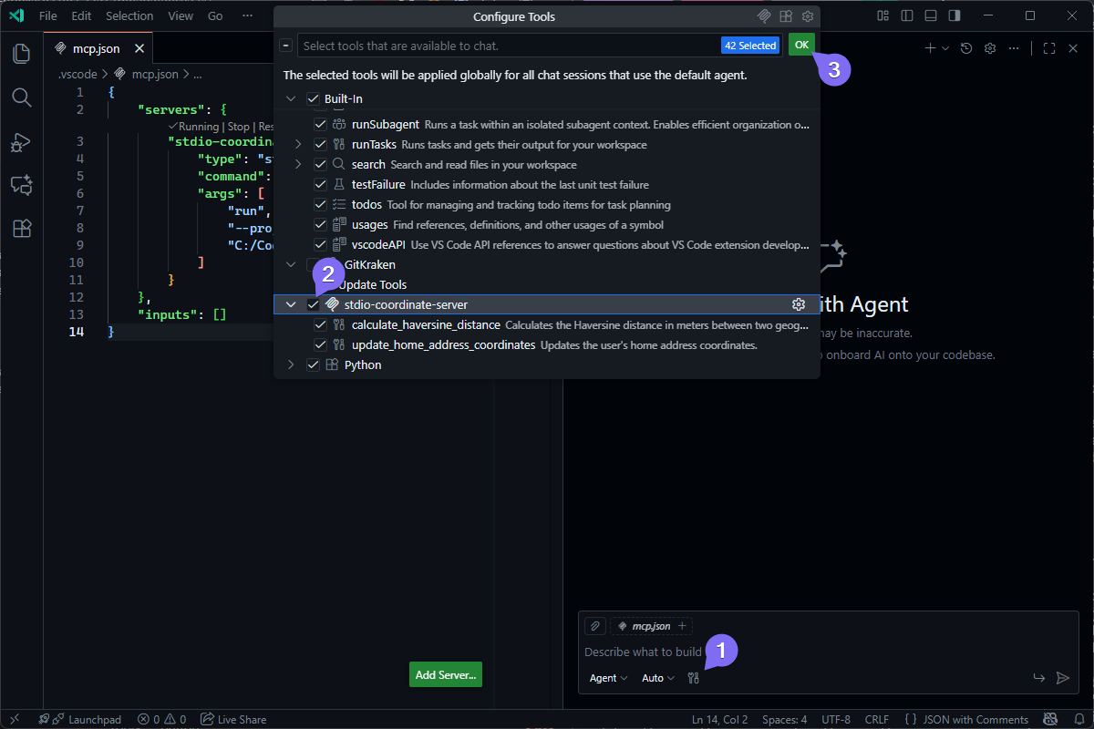 VS Code UI showing the "Configure Tools" dialog for an AI agent. The user is selecting the "stdio-coordinate-server" tool.