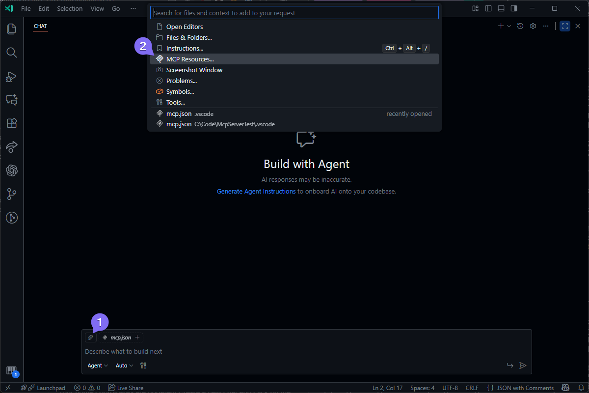 VS Code chat UI where a user adds context to an AI prompt by searching for files, with "MCP Resources" highlighted.