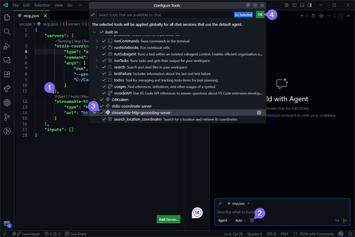 VS Code UI showing the 'Configure Tools' dialog for an AI agent, with a list of tools over a JSON configuration file.