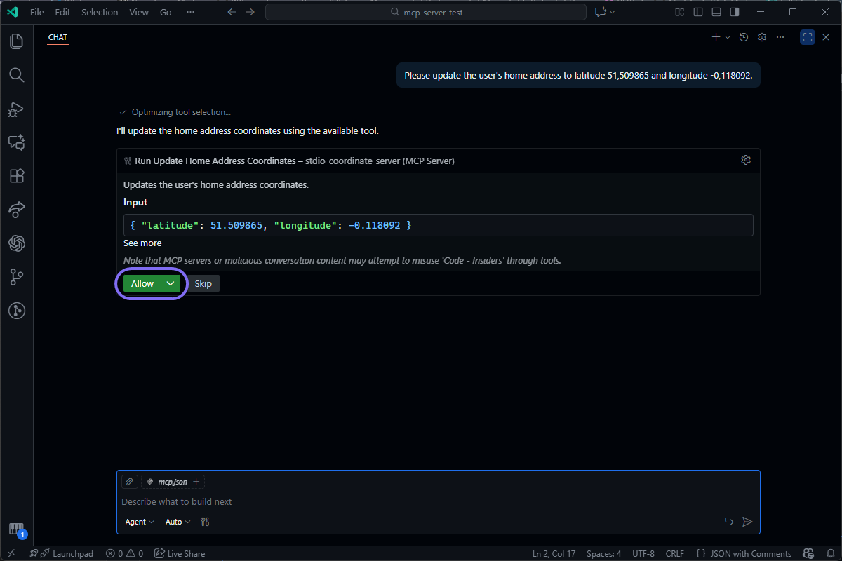 Code editor chat UI where an AI agent requests to run a tool to update coordinates, showing an Allow/Skip confirmation prompt.