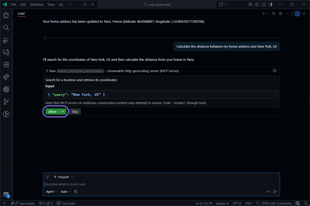 AI assistant in a code editor asking permission to run a command with an Allow/Skip prompt.