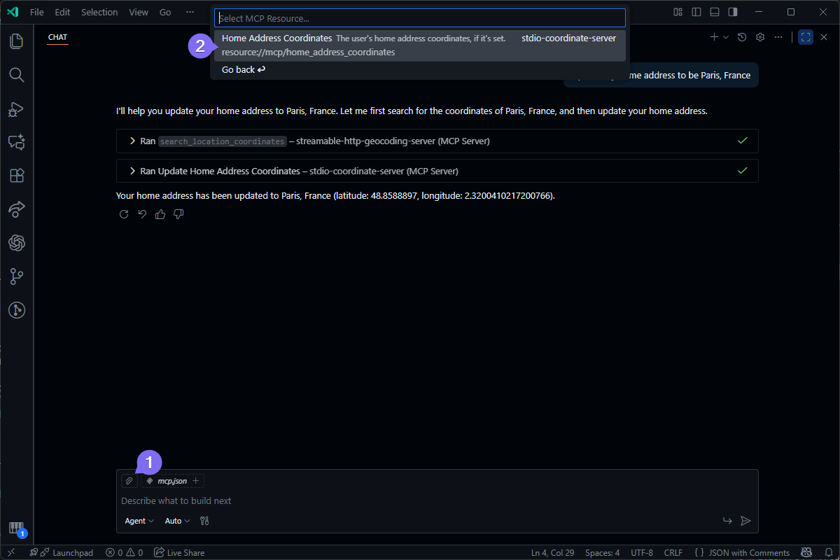 AI agent in a chat UI updating a home address. It selects an MCP resource, runs two commands, and confirms the update.