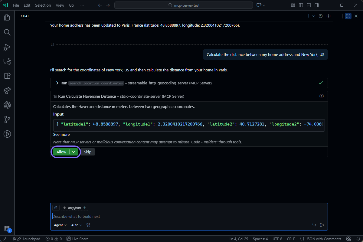 An AI agent in a code editor chat requests permission to run a script to calculate geographic distance using JSON coordinates