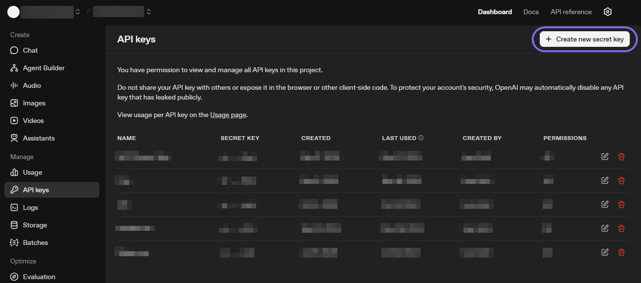 OpenAI dashboard API keys page, showing a list of keys and the "Create new secret key" button highlighted.