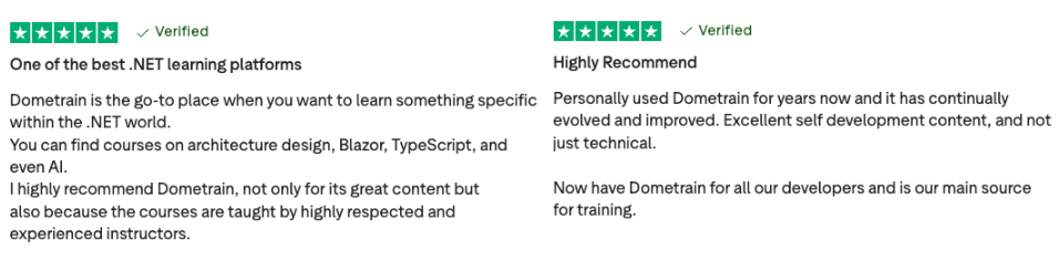 Two 5-star verified reviews for Dometrain, a .NET learning platform, praising its courses and experienced instructors.