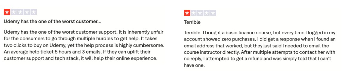 Two 1-star reviews for Udemy criticizing poor customer support, a difficult help process, and problems with getting refunds.