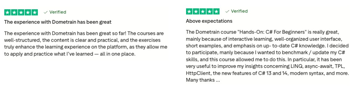 Two 5-star verified customer reviews for Dometrain, praising the well-structured content and interactive C# learning.