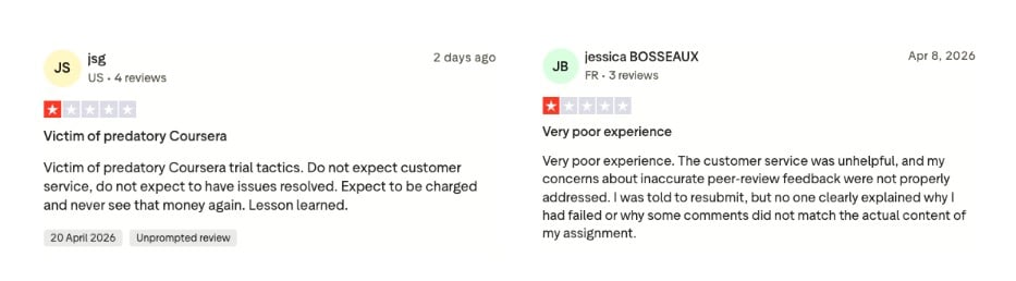Two 1-star Coursera reviews complaining about predatory trial tactics and unhelpful customer service.