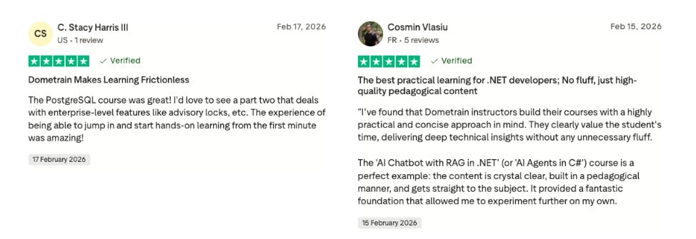 Two 5-star verified reviews praising Dometrain's PostgreSQL and .NET AI Chatbot courses.